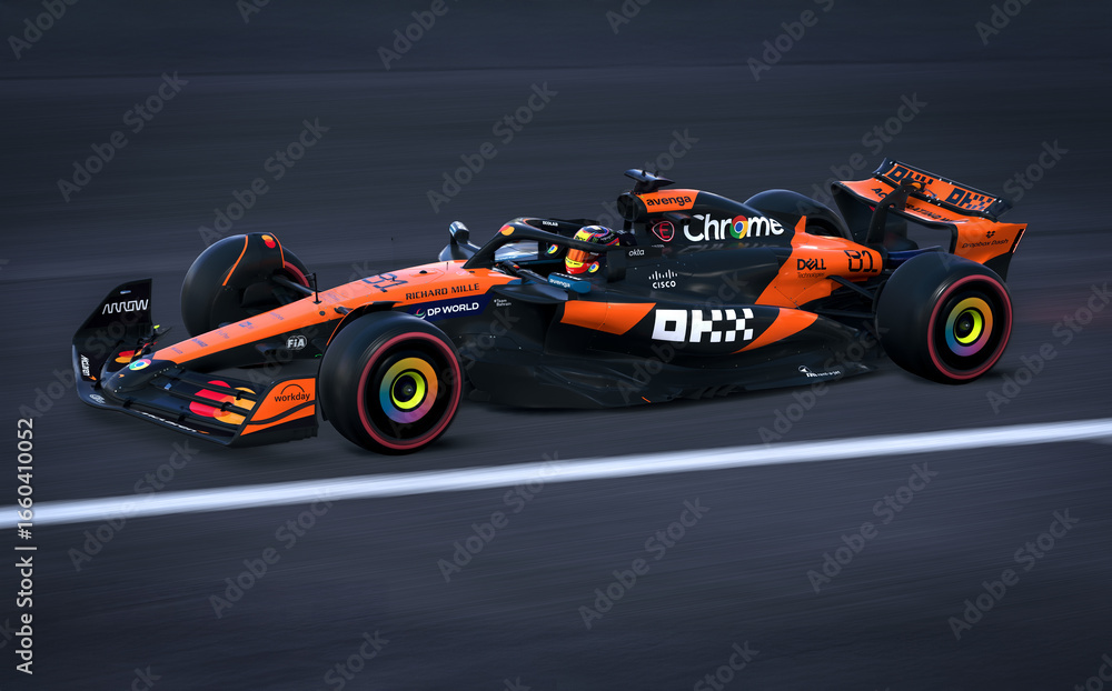 Obraz premium McLaren 2025 F1 car, 3D illustration, 21 aug, 2025, Sao Paulo, Brazil