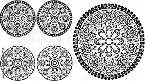Collection of circular floral designs with intricate patterns and decorative borders in black and white |  editable eps vectors silhouette