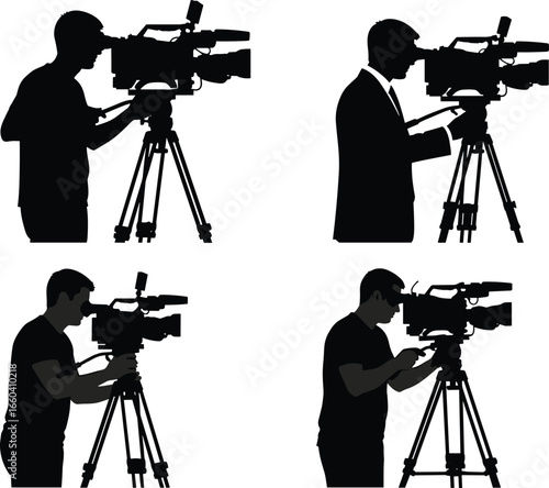 Four videographer silhouettes operating professional cameras on tripods, vector illustration for film themes, media design, production, and educational uses