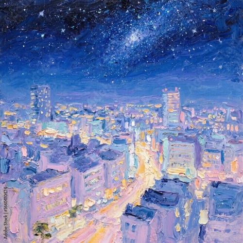 night view of the city oil painting, impasto technique