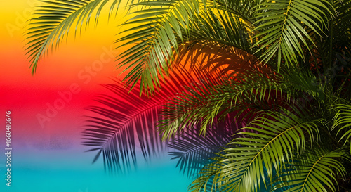 Vibrant rainbow gradient background with lush green palm leaves and dappled sunlight