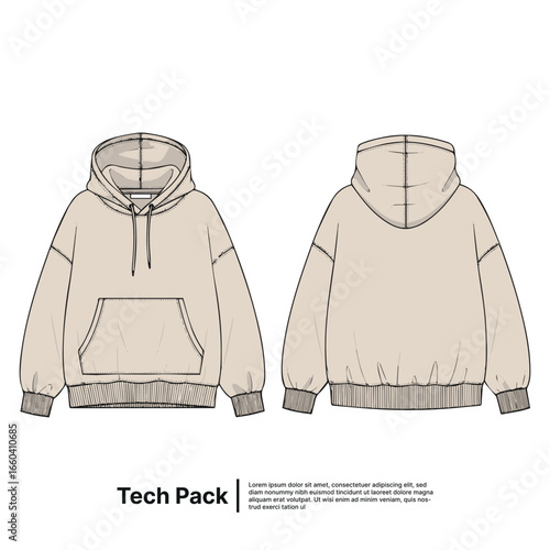 Apparel flat sketch of a relaxed fit hooded sweatshirt with elastic hem and cuffs, front and back view