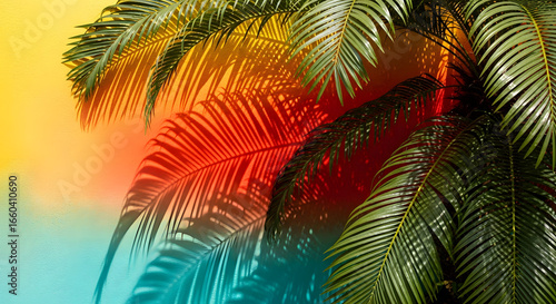 Tropical palm leaves with vibrant color gradient and shadow play