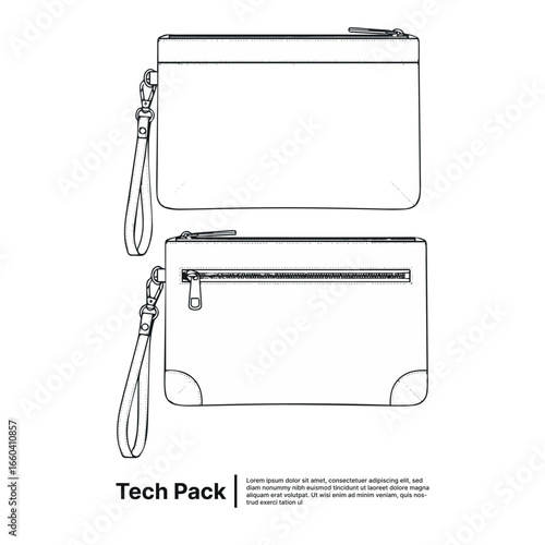Clutch purse with zipper pocket and wrist strap. Fashion accessory design concept tech pack drawing.