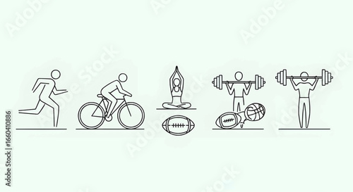 Sport and health lifestyle vector icons including bicycle, jogging, yoga, and gym activities promoting fitness, wellness, and active living.