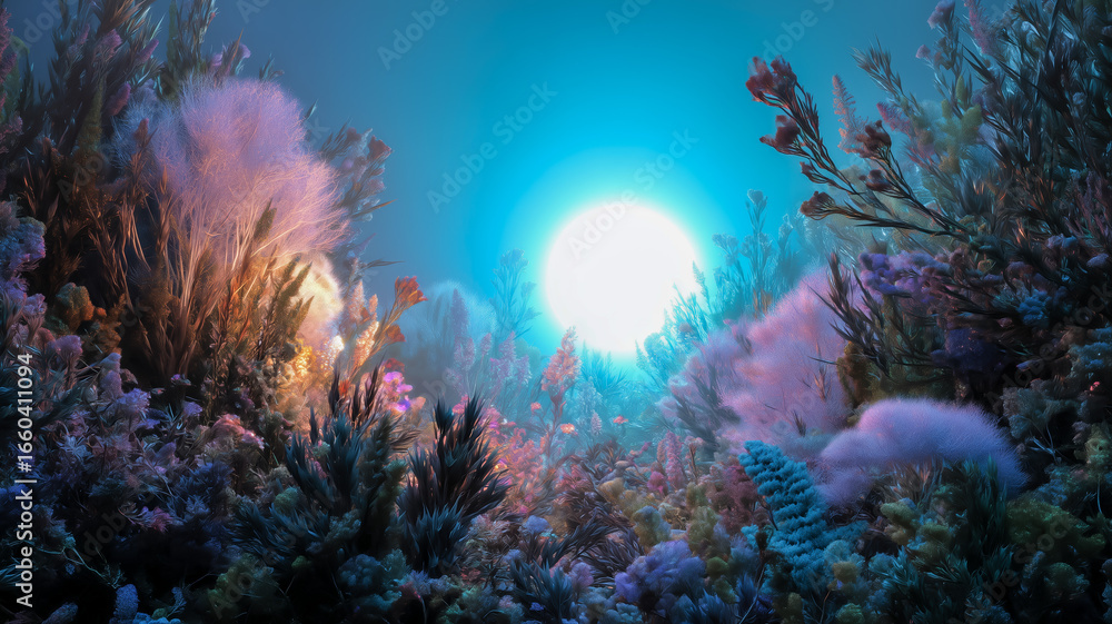 Fototapeta premium Colorful coral reef illuminated by sunlight in underwater scene