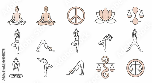 Minimalist yoga and meditation vector icons collection featuring lotus flower, peace symbol, balance poses, mindfulness exercises, and wellness lifestyle elements.