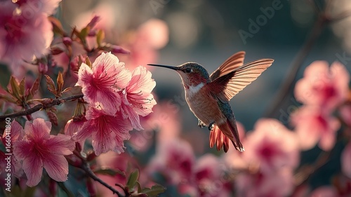 Hummingbird and Pink Blossoms