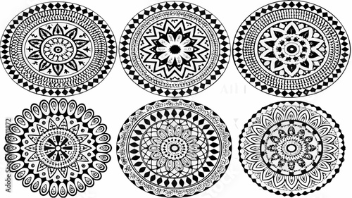 Collection of six hand drawn black and white circular mandala designs with floral and geometric patterns |  editable eps vectors silhouette