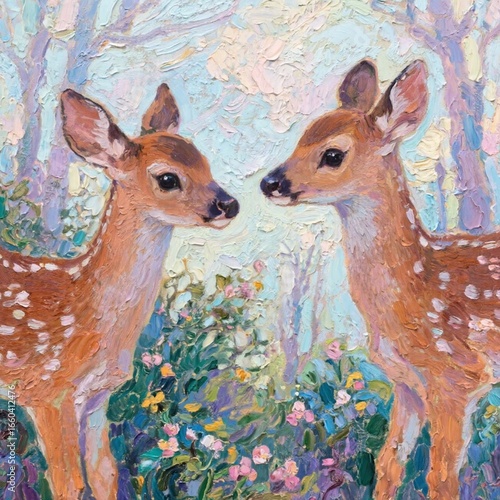 deer in the forest oil painting, impasto technique
