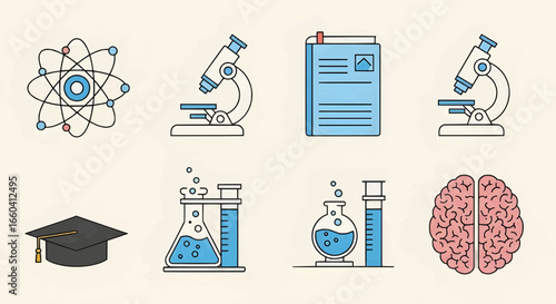 Colored vector icons of science and research including microscope, DNA, brain, atom, and graduation cap representing innovation and education.