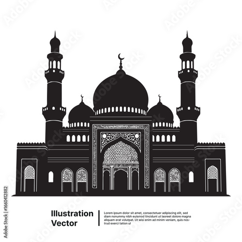 Black silhouette of an ornate Islamic mosque with domes and minarets vector illustration