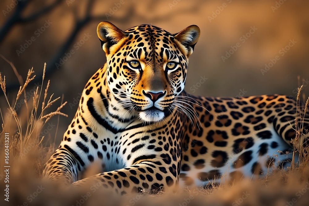 Obraz premium closeup portrait of a majestic leopard lying in dry grass during golden hour