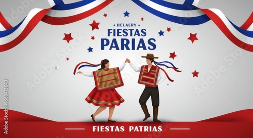Chile Fiestas Patrias Celebration with Traditional Dancers and Patriotic Banner 