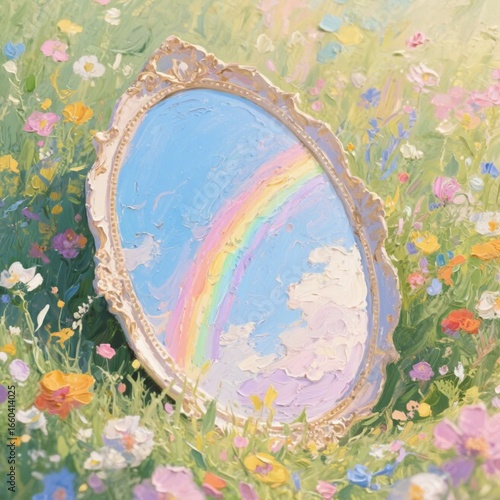 Mirror and rainbow flowers oil painting, impasto technique