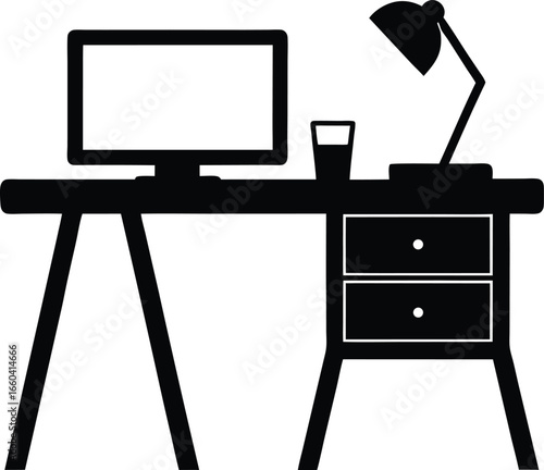 Work From Home Desk Silhouette Vector Art Illustration