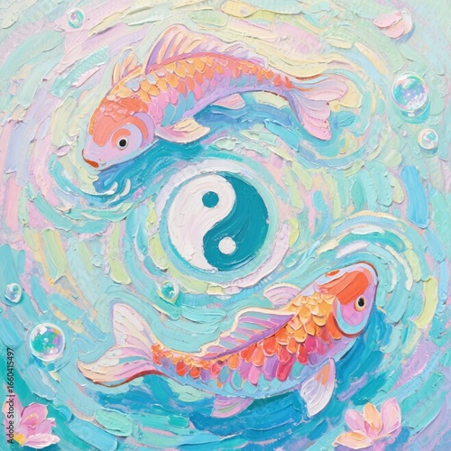 abstract colorful background with waves yin yang and color fishs oil painting, impasto technique