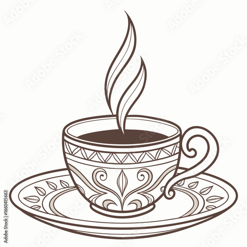 A steaming hot mug of coffee or tea sits on a saucer, a perfect breakfast beverage