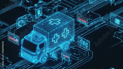Digital ambulance graphic overlayed on a circuit board shows advanced medical technology Data flows illustrating emergency response systems and modern healthcare applications