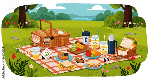 A delightful picnic scene with a woven basket and food spread on a checkered blanket in a picturesque outdoor setting.