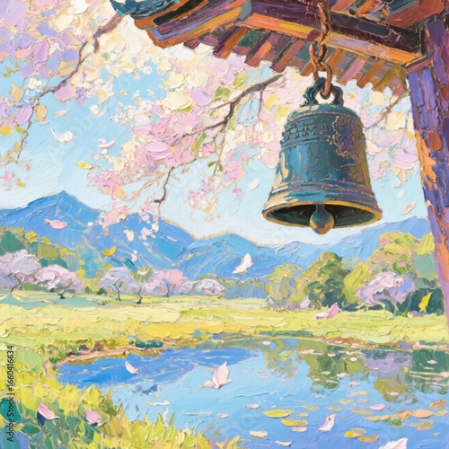 bell in the temple japanese oil painting, impasto technique