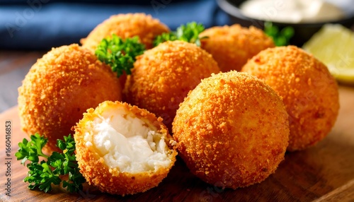 Wallpaper Mural Golden-brown, crispy fried cheese balls sit on a wooden board, garnished with fresh herbs, showcasing a delicious culinary delight. Torontodigital.ca