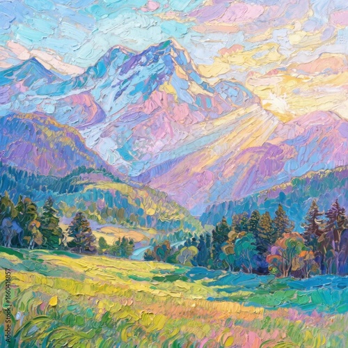 autumn landscape in the mountains oil painting, impasto technique