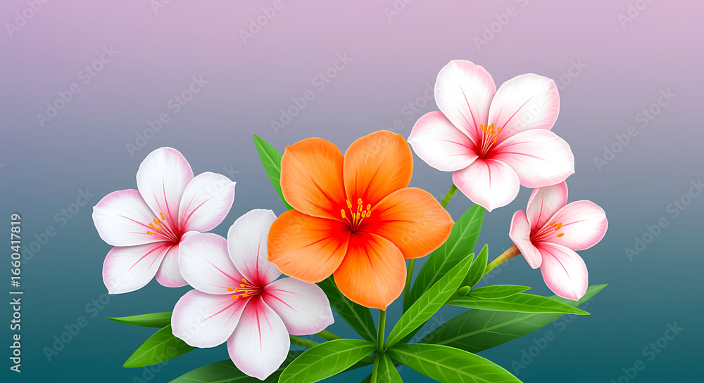 Naklejka premium Vibrant bouquet of delicate white and orange flowers with green leaves against a soft gradient background