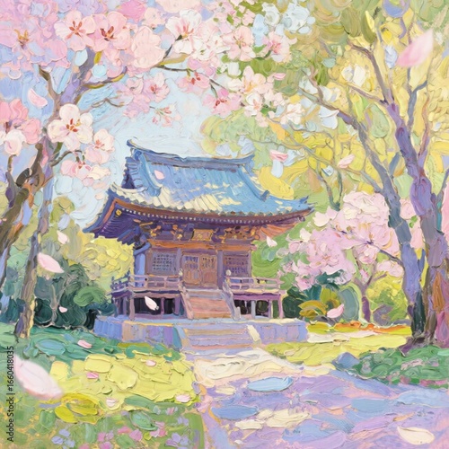 japanese garden with cherry blossoms temple japanese oil painting, impasto technique
