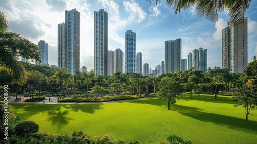 Sun-Drenched Urban Oasis: A Lush Green Park Beneath a Gleaming Modern Cityscape
