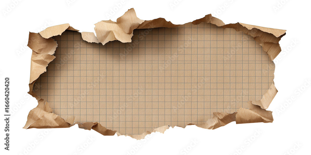 Fototapeta premium Torn aged brown paper sheet with grid lines isolated on transparent background.
