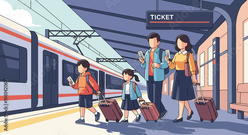 Vector illustration of a family with luggage and tickets at a train station, symbolizing travel, vacation, family trip, and modern transportation