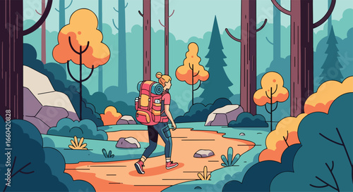 Vector illustration of a female hiker walking through a scenic forest trail with a backpack, symbolizing outdoor adventure, travel, exploration, and a healthy active lifestyle