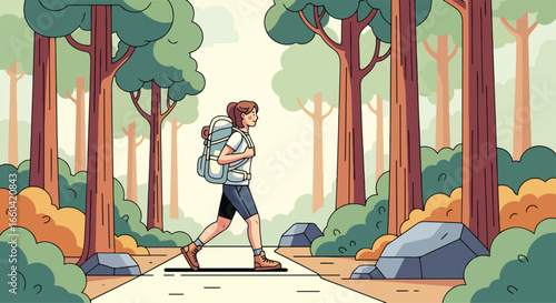 Vector illustration of a female hiker walking through a scenic forest trail with a backpack, symbolizing outdoor adventure, travel, exploration, and a healthy active lifestyle