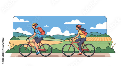 Vector illustration of a group of cyclists riding through scenic countryside with mountains and fields, symbolizing outdoor adventure, fitness, eco-friendly travel, and healthy lifestyle