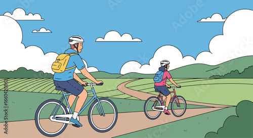 Vector illustration of a group of cyclists riding through scenic countryside with mountains and fields, symbolizing outdoor adventure, fitness, eco-friendly travel, and healthy lifestyle