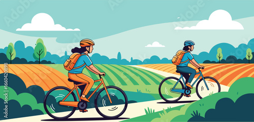 Vector illustration of a group of cyclists riding through scenic countryside with mountains and fields, symbolizing outdoor adventure, fitness, eco-friendly travel, and healthy lifestyle