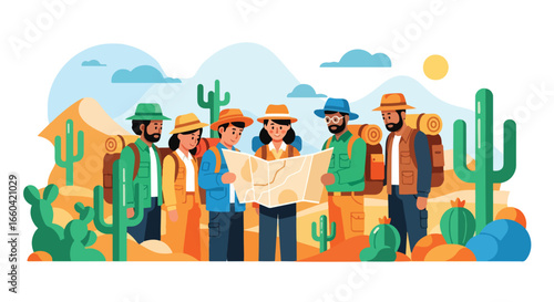 Vector illustration of a group of hikers exploring a desert landscape with backpacks and a map, symbolizing adventure travel, teamwork, and outdoor exploration