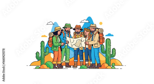 Vector illustration of a group of hikers exploring a desert landscape with backpacks and a map, symbolizing adventure travel, teamwork, and outdoor exploration