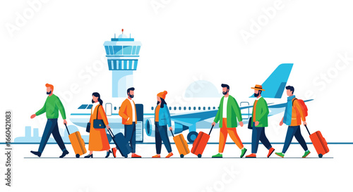 Vector illustration of travelers with luggage walking at an airport with airplanes and control tower in the background, symbolizing global travel, tourism, business trips, and vacations