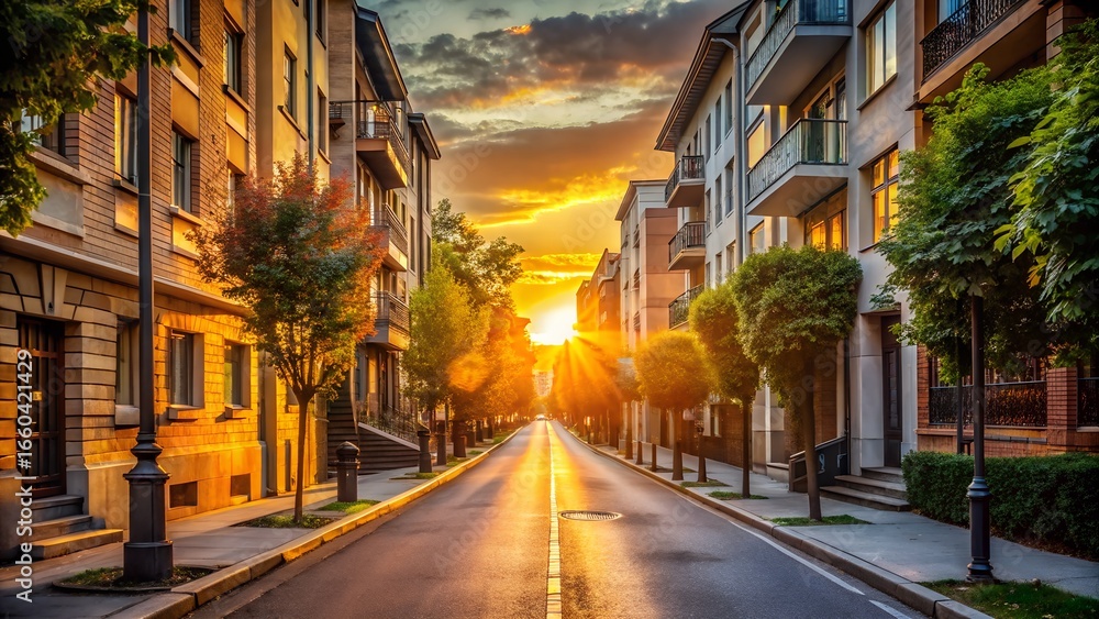 Fototapeta premium Urban street view at sunset with buildings and trees lining the road in Europe