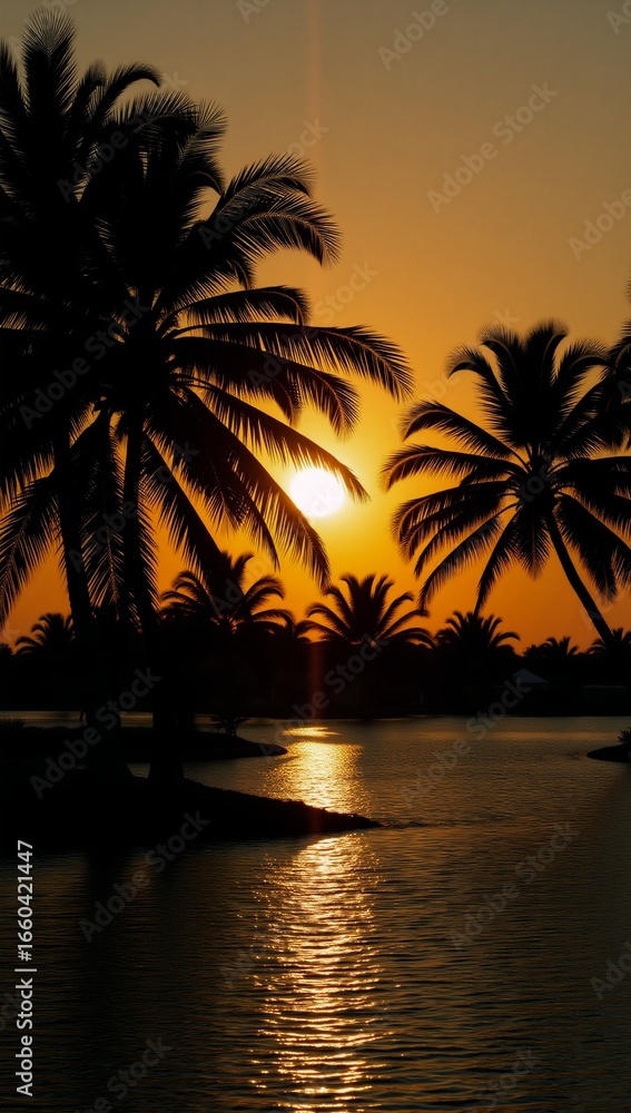 Obraz premium Ok Tropical lagoon with coconut palm silhouette at sunset