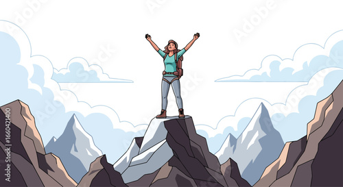 Flat illustration of a hiker standing triumphantly on a mountain peak with arms raised, symbolizing adventure, travel, achievement, freedom, and outdoor exploration