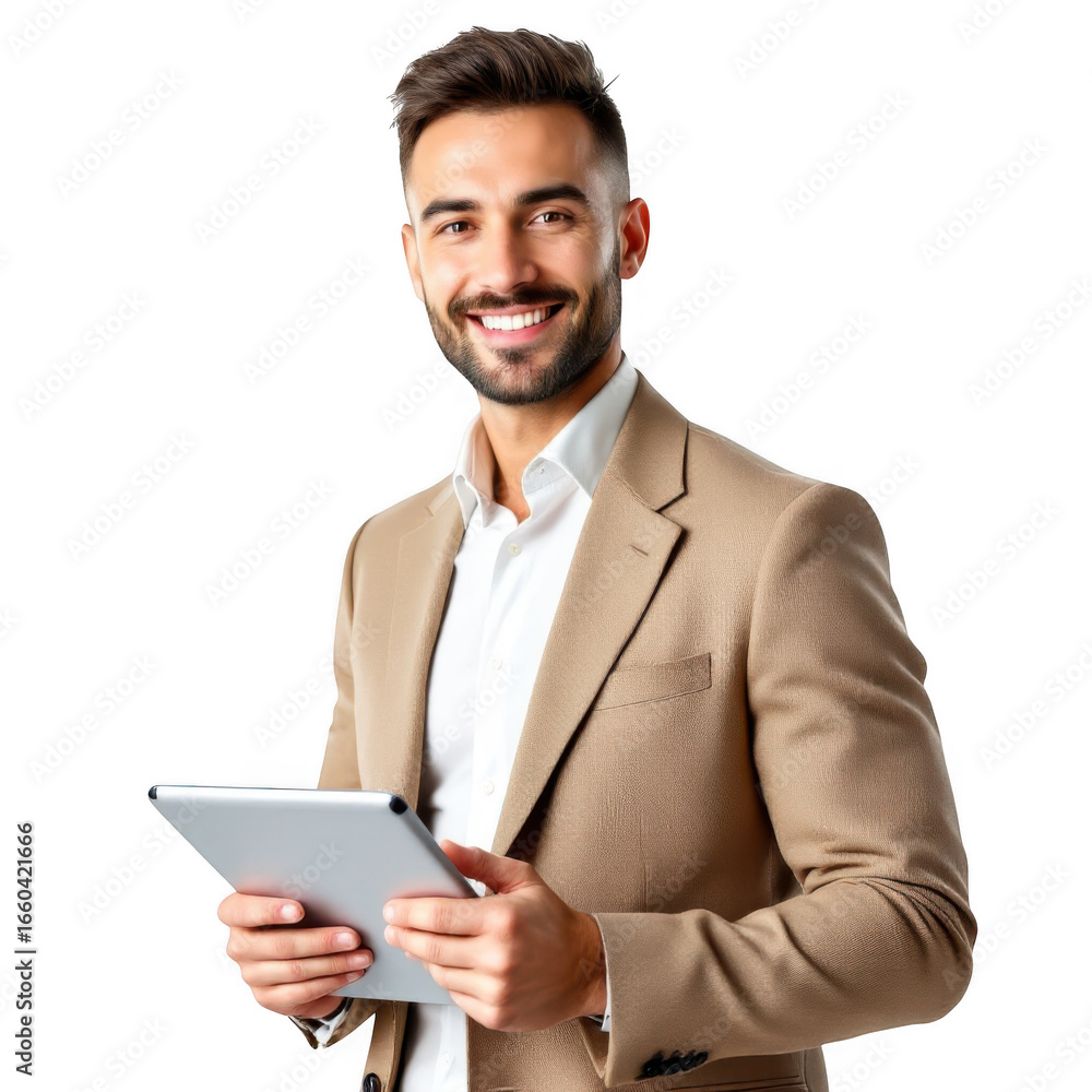Smiling caucasian man in a tan blazer holding a tablet device professionally isolated on transparent background Smiling caucasian man in a tan blazer holding a tablet device professionally isolated on transparent background