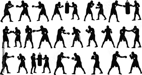 Boxer silhouette, boxing stance, punching bag, sparring pose, fight training, combat sport, athlete action, martial discipline, boxing match, sports illustration