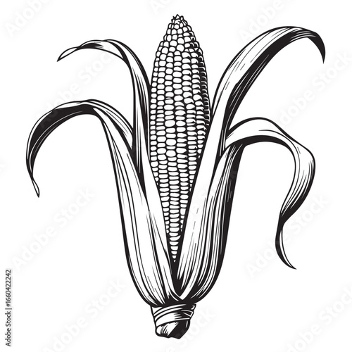 Vector art of a detailed black and white illustration of a ripe corn cob with its husk leaves, isolated on a