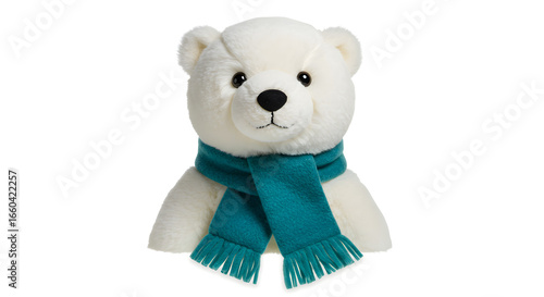 Adorable plush polar bear wearing a teal scarf, perfect for children's products and design