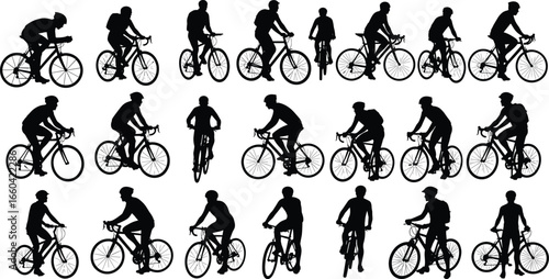 Cyclist silhouette, bicycle riding, cycling posture, bike sport, urban commuter, fitness riding, outdoor activity, road cycling, athletic movement, transportation concept