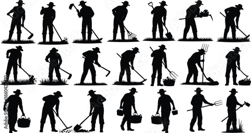 Farmer silhouette, agriculture worker, farming tools, rural labor, crop cultivation, field work, harvest scene, agricultural tasks, farm life, countryside activity