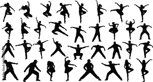Dance silhouette, ballet pose, contemporary movement, hip hop style, jump spin, expressive arms, performance art, dancer posture, rhythm motion, stage expression